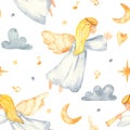 Christmas angels, stars, month, notes, watercolor seamless pattern Royalty Free Stock Photo