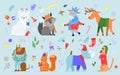 Christmas animal vector illustration set, cartoon cute hand drawn zoo collection with funny animal characters in winter