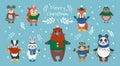 Christmas animals. Cute snow winter. Holiday celebration card. Doodle bear and deer. Xmas forest mammals. Hand drawn Royalty Free Stock Photo