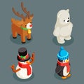 Christmas animals isometric polar white bear snowman deer penguin character winter new year 3d flat cartoon design