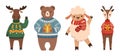 Christmas Animals Moose, Reindeer, Bear and Sheep Waving Hands, Cartoon Funny Characters Wear Sweaters Royalty Free Stock Photo