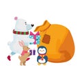 Christmas animals putting the gifts in a bag, flat design