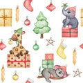 Christmas animals in santa hats seamless pattern, christmas wallpaper, koala, giraffe, elephant baby background Royalty Free Stock Photo