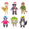 Christmas Animals set cute fox, bear, cat, panda, hedgehog, raccoon. Hand drawn collection characters illustration