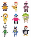 Christmas Animals set cute hippo, fox, bear, lion, panda, hedgehog, deer, rabbit, penguin. Hand drawn collection