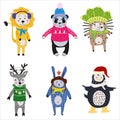 Christmas Animals set cute lion, panda, hedgehog, raccoon, deer, rabbit, penguin. Hand drawn collection characters