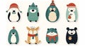 Christmas animals set, flat vector illustration, hand drawn style, bears, rabbits, sloths, penguins, owls and others. Royalty Free Stock Photo