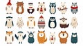 Christmas animals set, flat vector illustration, hand drawn style, bears, rabbits, sloths, penguins, owls and others.