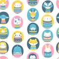Christmas animals in ugly sweaters. Cute vector seamless pattern in hand drawn scandinavian cartoon style. Colorful palette