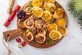 Christmas appetizers, puff pastry wheels filled with cheese and jam