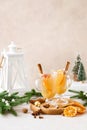Christmas apple mulled cider with cinnamon and oranges, front view, traditional winter hot holiday cocktail Royalty Free Stock Photo