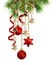 Christmas arrabgement with green pine twigs, hanging red decorations and silk twisted ribbons Royalty Free Stock Photo