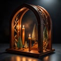 Christmas arrangement with modern wooden arch and several pine trees and candles
