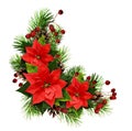 Christmas arrangement with pine twigs, cones, berries and ponsettia flowers Royalty Free Stock Photo