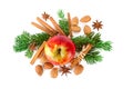 Christmas arrangement with red apple, fir branch and spices flat lay Royalty Free Stock Photo