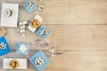 Christmas arrangement of white and blue gift boxes with beautiful bows. Copy space. Royalty Free Stock Photo