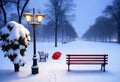 Christmas art card. Santa hat on a bench in the snow against the background of the Christmas winter forest. Royalty Free Stock Photo