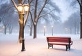 Christmas art card. Santa hat on a bench in the snow against the background of the Christmas winter forest. Royalty Free Stock Photo