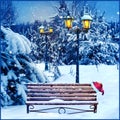 Christmas art card. Santa hat on a bench in the snow against the background of the Christmas winter forest. Wonderland. Royalty Free Stock Photo