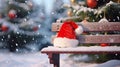 Santa hat on a bench in the snow against the background of the Christmas winter forest Royalty Free Stock Photo