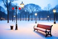 Christmas art card. Santa hat on a bench in the snow against the background of the Christmas winter forest. Royalty Free Stock Photo