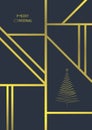 Christmas art deco vector card template. Gold geometry lines with xmas tree. Suitable for party invitation or postcards.