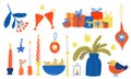 Christmas art set, candles and decoration elements, gift boxes and table arrangement. Vector design Royalty Free Stock Photo