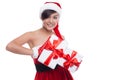 Christmas asian woman holding christmas gifts smiling happy