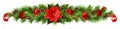 Christmas asymmetric garland with red pionsettia flower, pine twigs and decorations