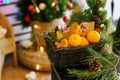 Christmas atmosphere photo. Basket of tangarins, gingerbread, fir tree, lights New year atmosphere Holidays celebration Copy space