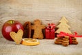 Christmas atmosphere scenery with santa claus,apple on wooden