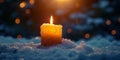 Christmas Atmosphere A Warmly Lit Advent Candle Amidst A Magical Snowscape, With Room For Your Message