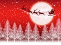 Seamless Christmas Red Vector Background With Santa Claus And Reindeers Flying Across The Moon. Horizontally Repeatable. Royalty Free Stock Photo