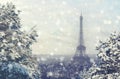 Christmas background: Aerial view of Paris cityscape with Eiffel tower at winter sunset in France Royalty Free Stock Photo