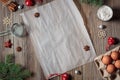 christmas background for baking gingerbread cookies with cutters and spices. Empty cooking paper for holiday recipe Royalty Free Stock Photo