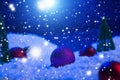 Christmas background with Christmas balls on snow over fir-tree, night sky and moon. Shallow depth of field. Christmas Royalty Free Stock Photo