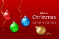 Christmas background with beautiful colorful balls and ribbons. Xmas background design. Vector.