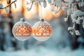 Christmas background with beautiful golden balls and blurred pine trees. Generative ai Royalty Free Stock Photo