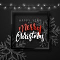 Christmas background black color with realistic garlands and beautiful snowflakes in the frame. Royalty Free Stock Photo
