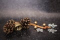 Christmas background black with a metal bell and two pines, silver sparkling Snowflakes stars and gold balls