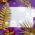 Christmas background with a blank sheet of paper, red gift boxes, golden branches of a palm tree, on a blue lilac Royalty Free Stock Photo