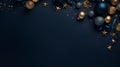 Christmas background with blue baubles and golden stars.Dark blue background Royalty Free Stock Photo