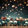 Christmas background with blue gift boxes and christmas balls. 3d rendering. AI Generative.