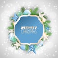 Christmas background with blue ornaments and branches
