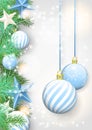 Christmas background with blue ornaments and branches