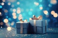 Christmas background with blue presents or gifts in box