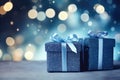 Christmas background with blue presents or gifts in box