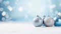 Christmas background with blue and silver baubles on snow with bokeh lights Generative AI Royalty Free Stock Photo