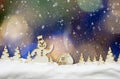 Christmas background with blue, yellow and white bokeh lights, falling snow, snowman, hut and magic forest Royalty Free Stock Photo