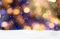 Christmas background with blue, yellow and white bokeh lights, snowdrift Royalty Free Stock Photo